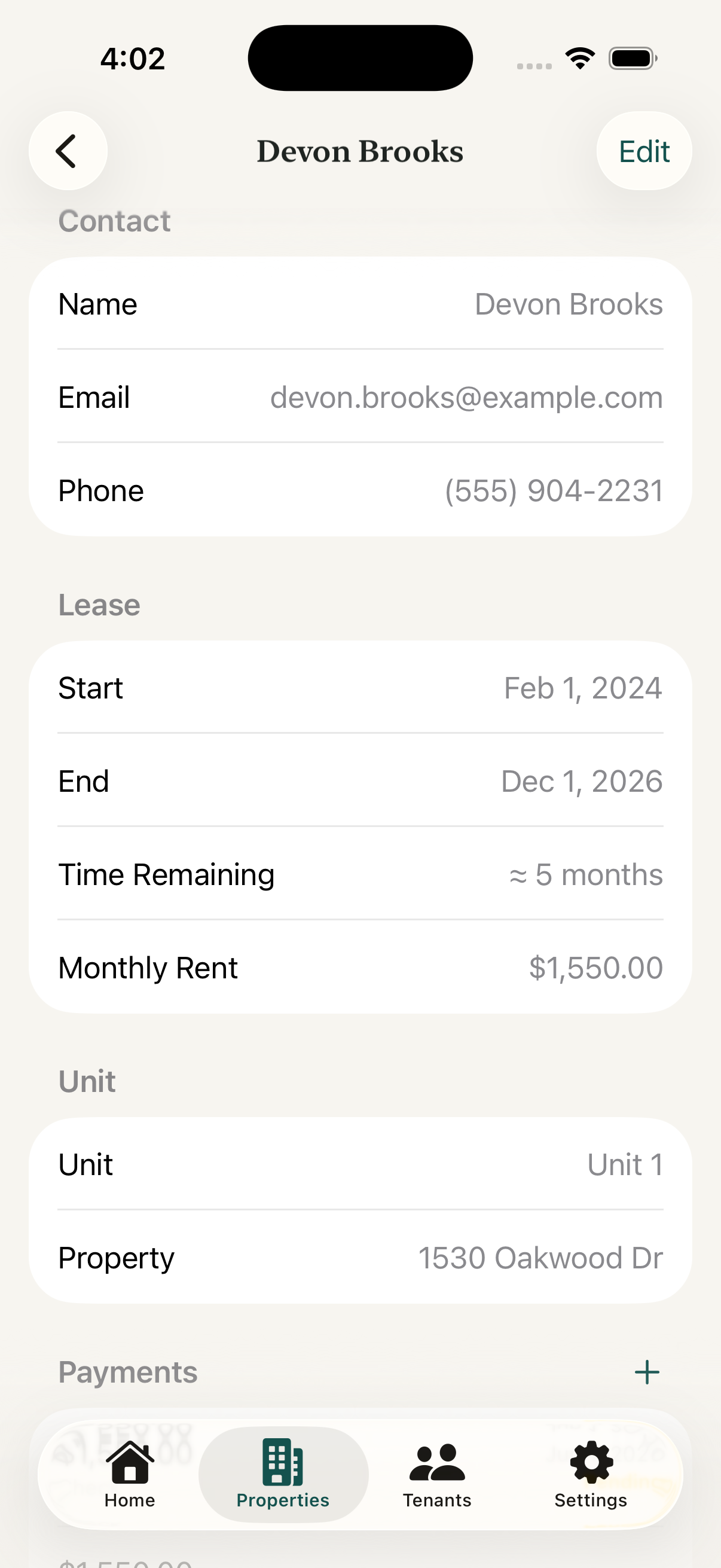iPhone showing a tenant profile for Devon Brooks with contact details, lease start and end dates, time remaining, and monthly rent.