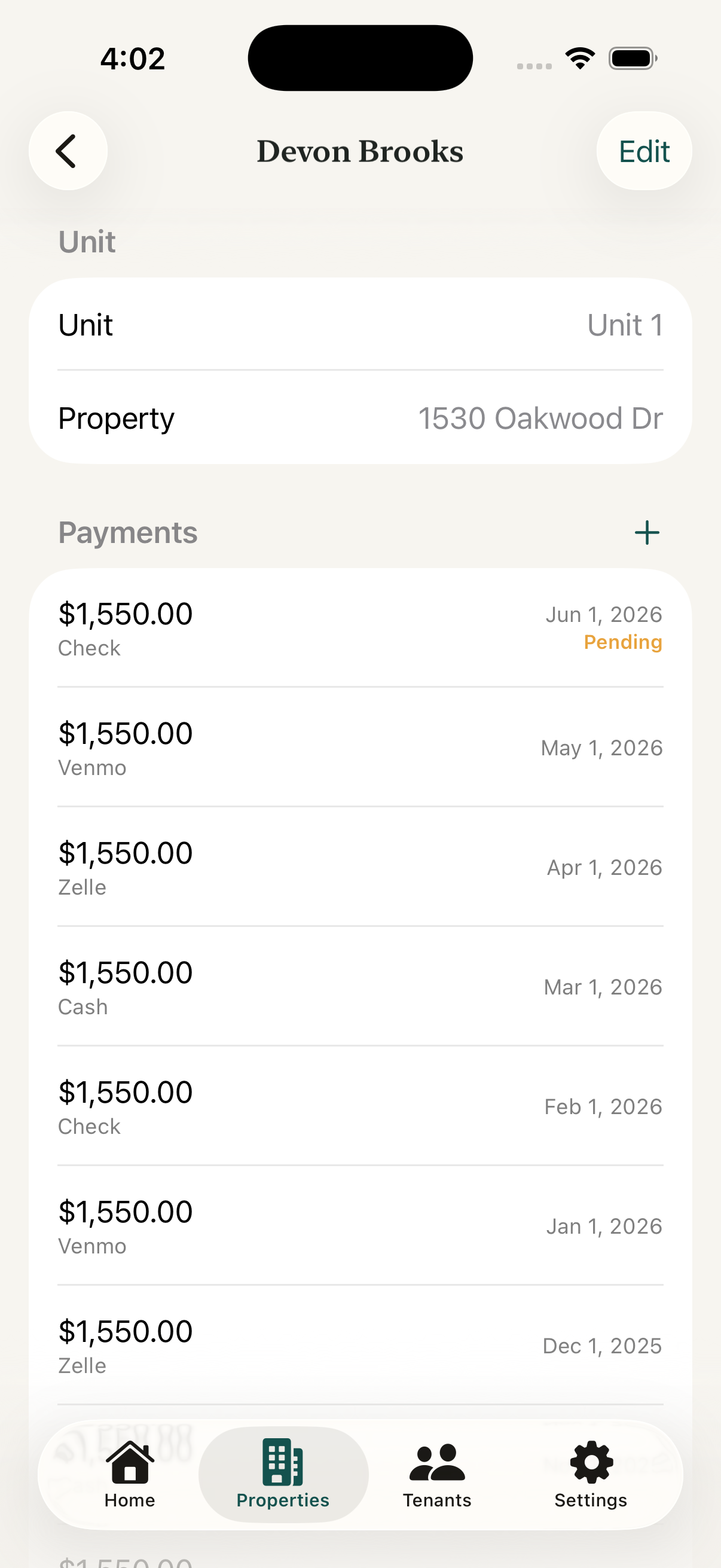iPhone showing a tenant's rent payment history listing amounts, payment methods and dates, with one June payment marked pending.