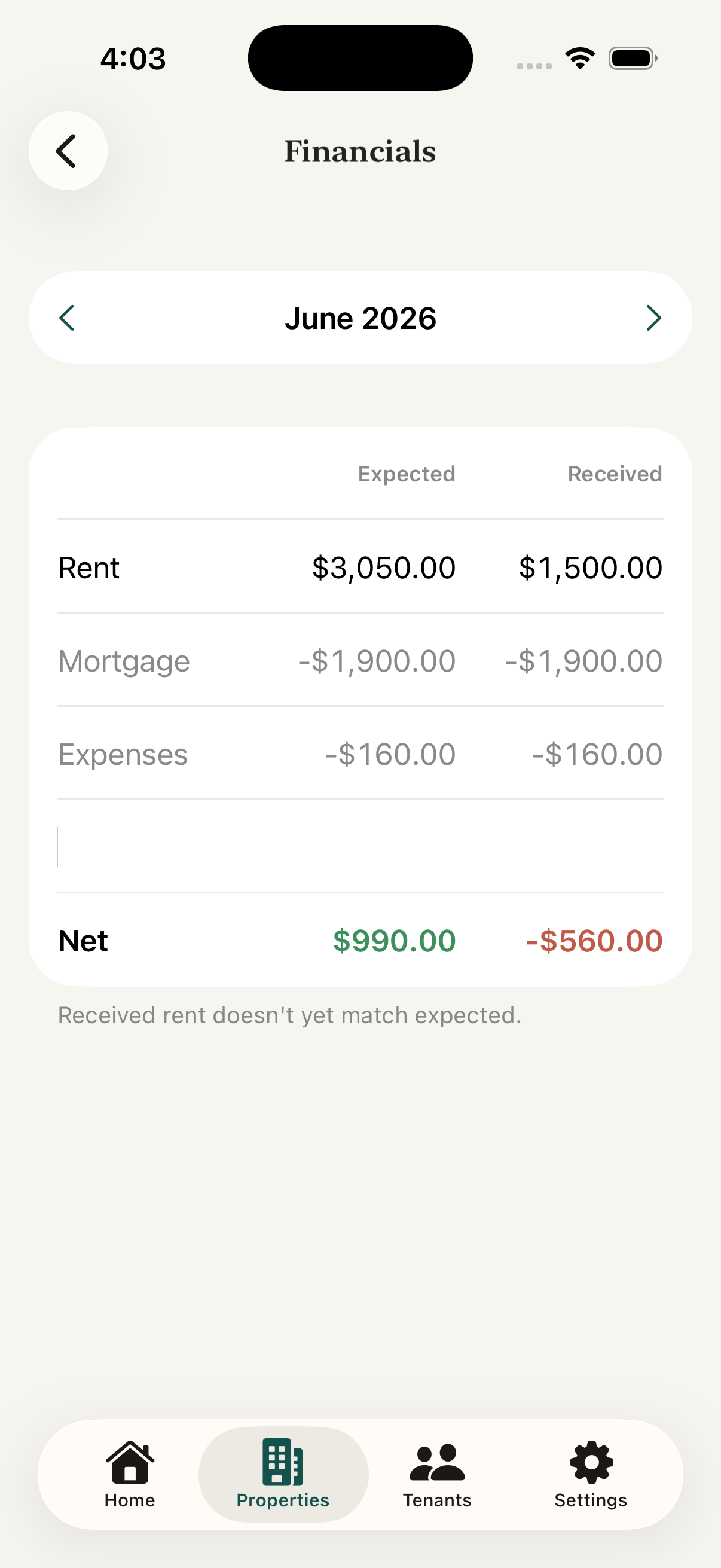 iPhone showing the Financials screen for June 2026, comparing expected and received rent, mortgage and expenses, with a net total.